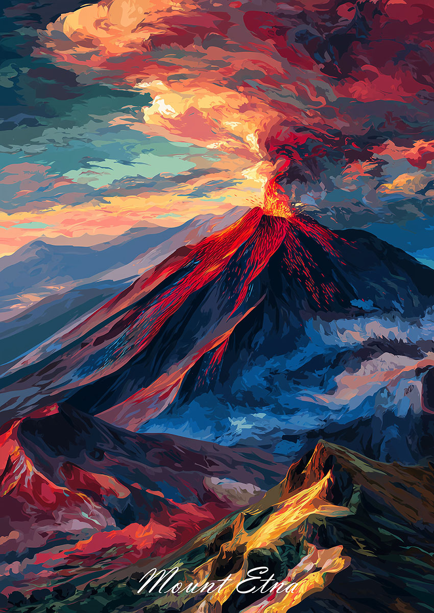 Dramatic artwork of a lava eruption with vibrant colours and stormy skies.